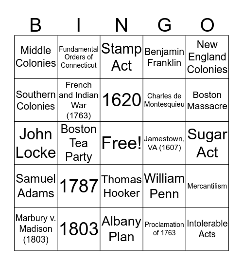 Colonial Era 2017-18 (STAAR 1.1) Bingo Card