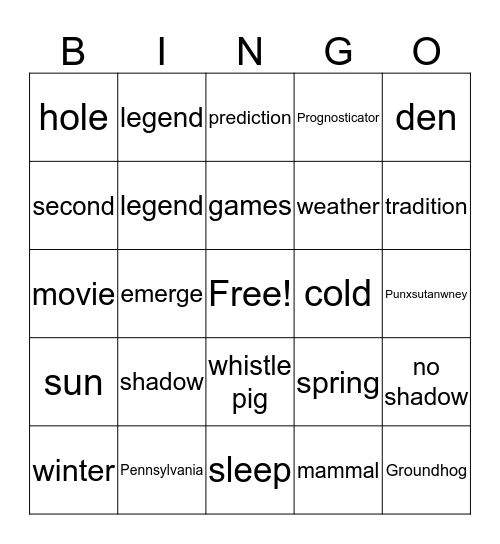 Groundhog Day Bingo Card