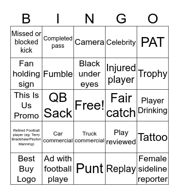 Super Bowl Bingo Card