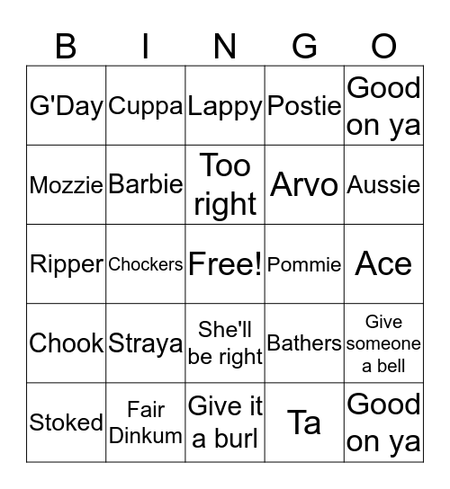 Australian Bingo! Bingo Card
