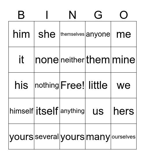 Pronoun Bingo Card