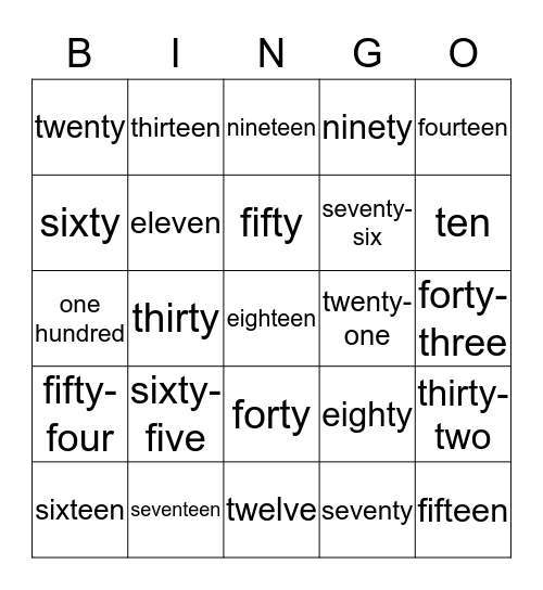 Numbers from 10 to 100  Bingo Card