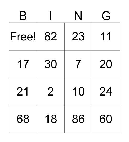 Numbers 1-99 Bingo Card