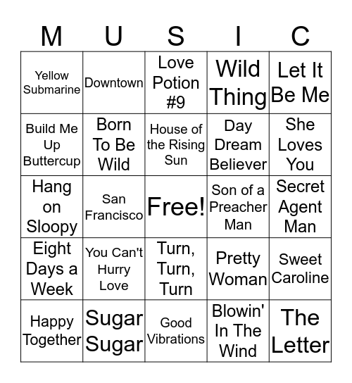 60's Music Bingo Card