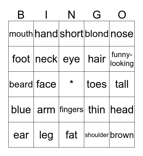 Face and Body Bingo Card