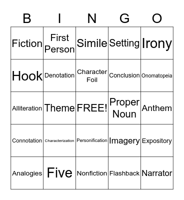 Literary Terms Bingo Card