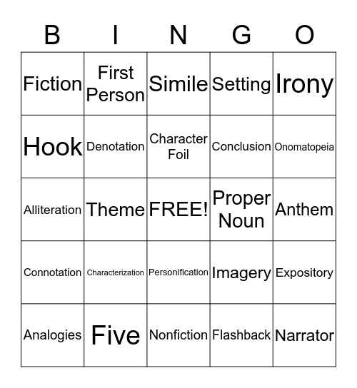 Literary Terms Bingo Card