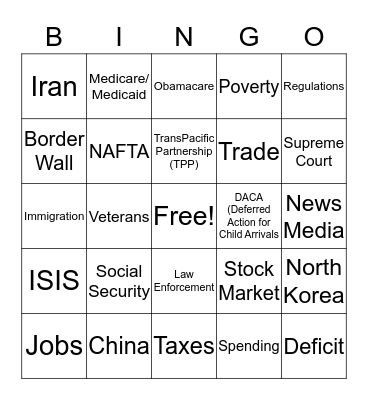 State of the Union Bingo : Donald Trump  Bingo Card