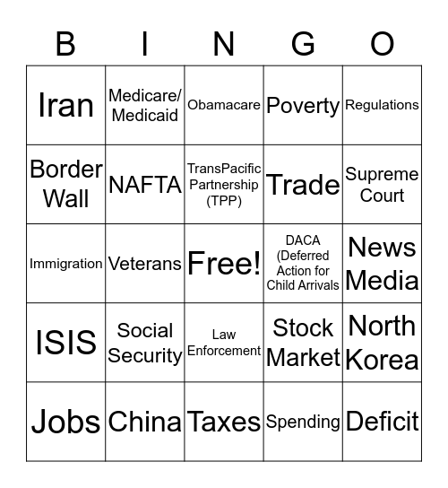 State of the Union Bingo : Donald Trump  Bingo Card