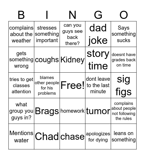 Josh Bingo Card