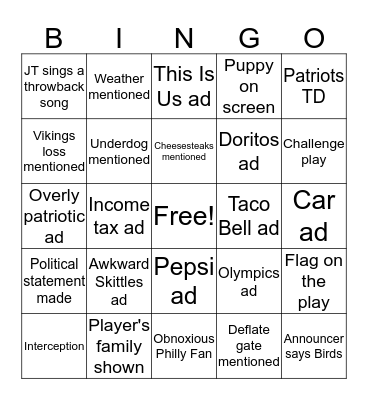 Super Bowl Bingo Card