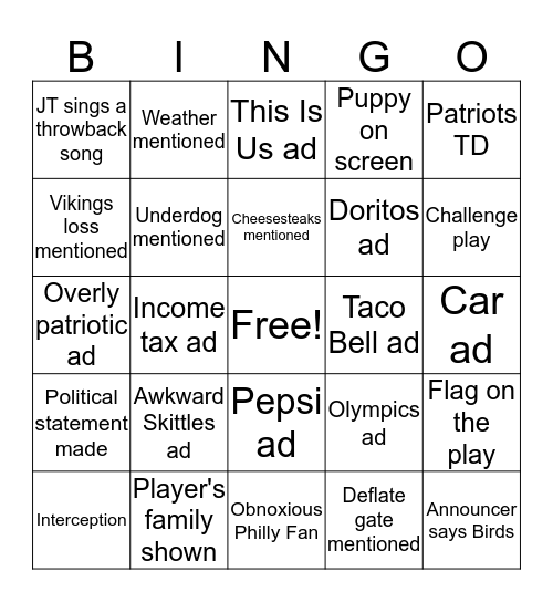 Super Bowl Bingo Card