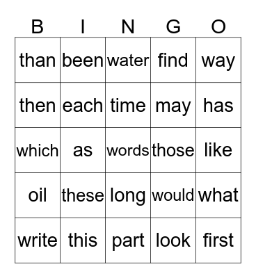 Sight Words II Bingo Card