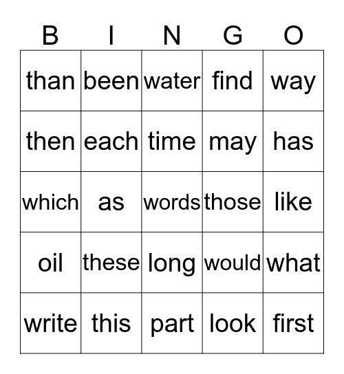 Sight Words II Bingo Card