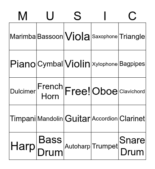 Music Instrument Bingo Card
