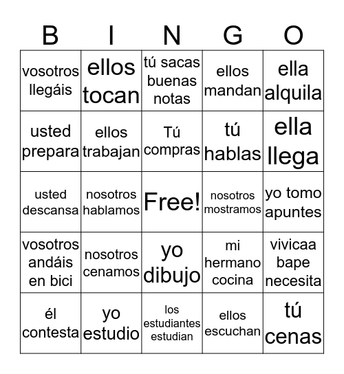 los verbos -AR Bingo Card