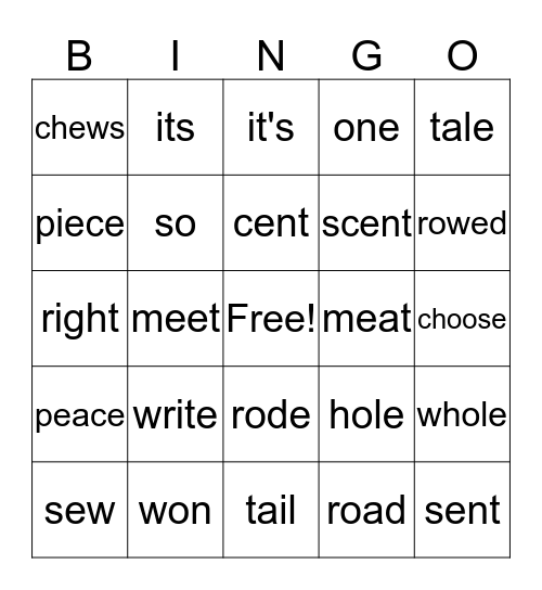 Homophones #1-#3 Bingo Card