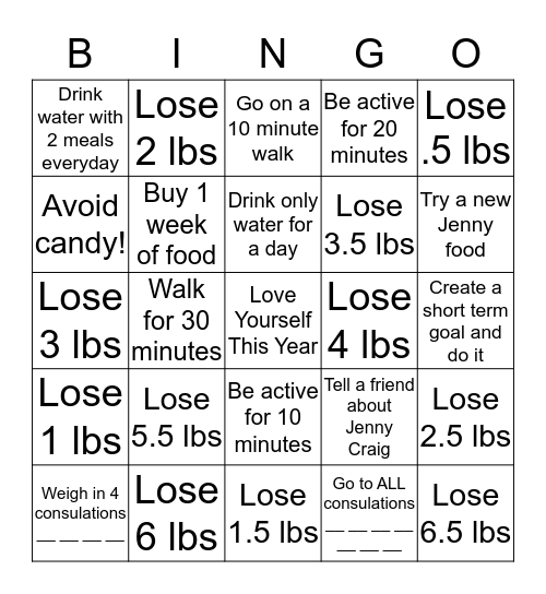 February Weight Loss Bingo! Bingo Card
