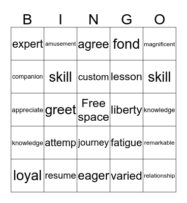 Regular Vocabulary Bingo Card