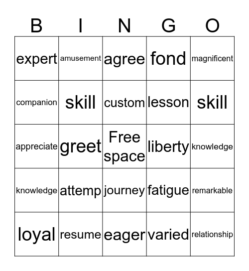 Regular Vocabulary Bingo Card