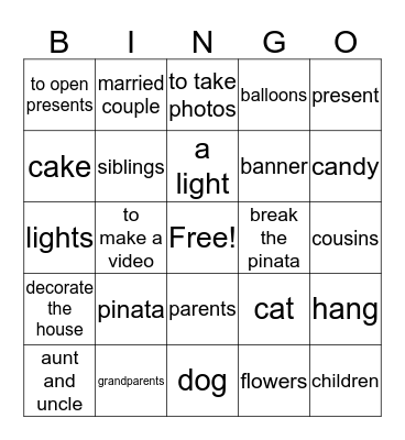 Family/Party Words Bingo Card