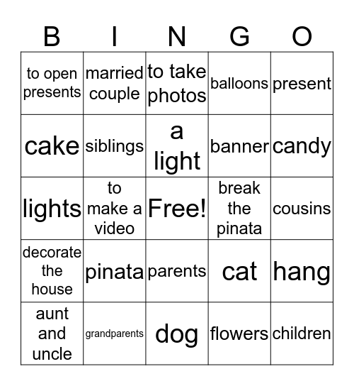 Family/Party Words Bingo Card
