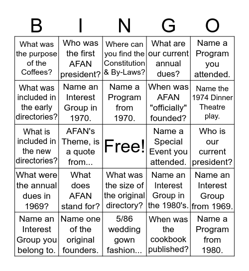 AFAN "The Way We Were" Bingo Card