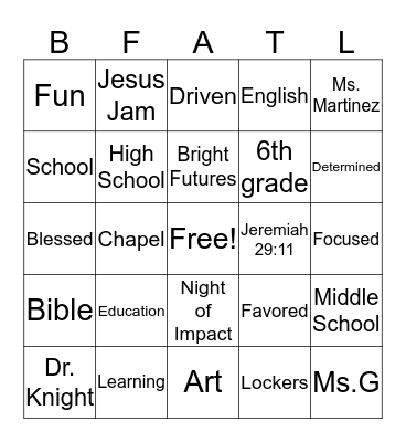 Bright Futures Bingo Card