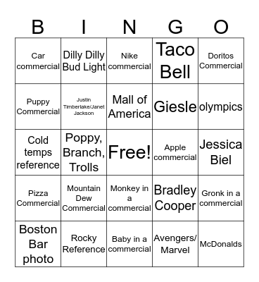 Super Bowl Bingo Card