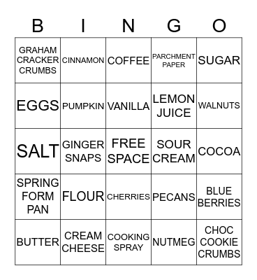 CHEESECAKE BINGO Card