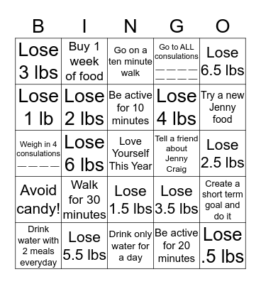 February Weight Loss Bingo! Bingo Card