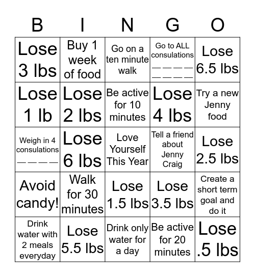 February Weight Loss Bingo! Bingo Card