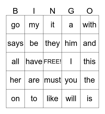 Sight Words Bingo Card