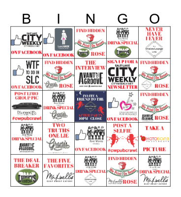 Cupid's Club Crawl Bingo Card