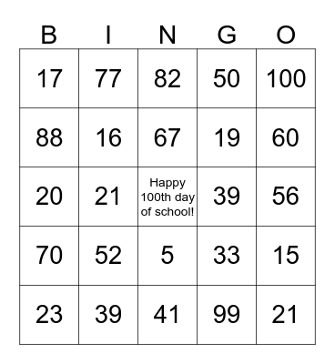 Hundred Day Bingo Card