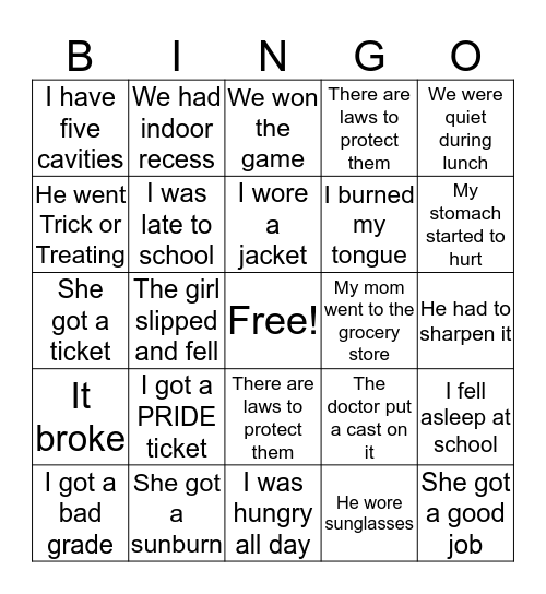 Cause and Effect Bingo Card