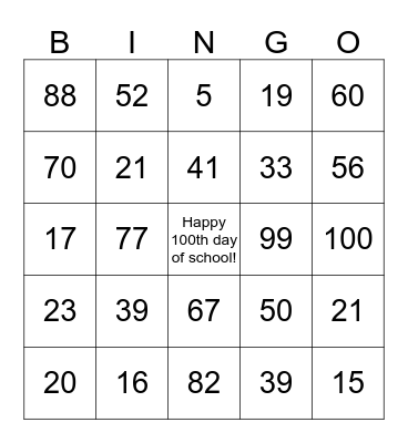Hundred Day Bingo Card