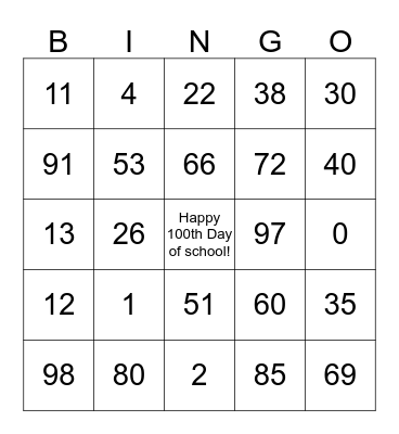 Hundred Day Bingo Card