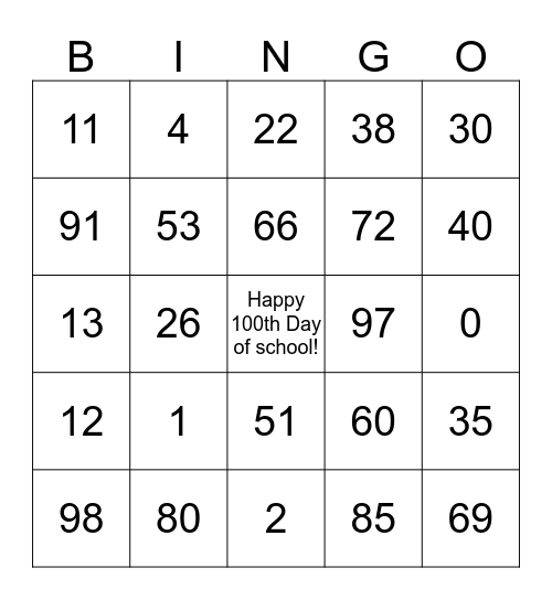 Hundred Day Bingo Card