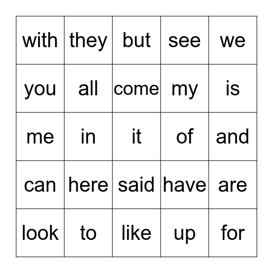 Sight Word Bingo Card