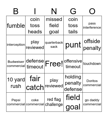 Super Bowl Bingo Card