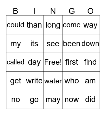 Sight Word Bingo Card