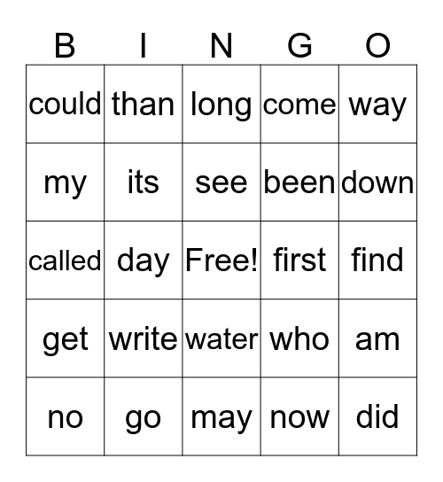 Sight Word Bingo Card