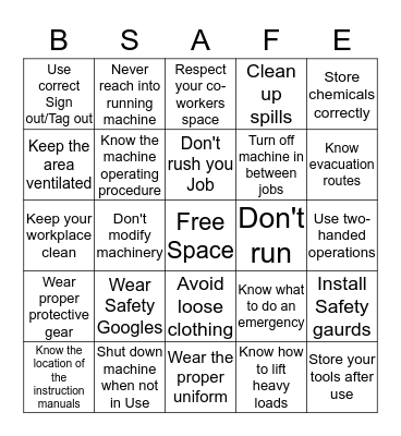 Health and Safety Bingo Card