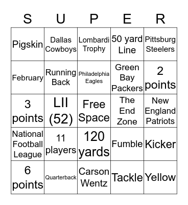 Superbowl LII Bingo Card