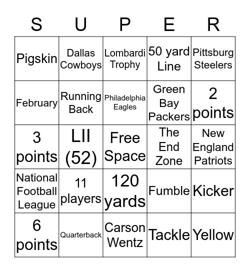 Superbowl LII Bingo Card