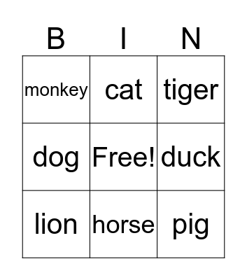 Animals Bingo Card