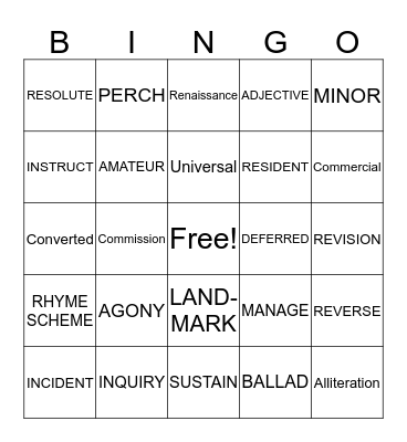 Harlem Renaissance Vocabulary Bingo Card