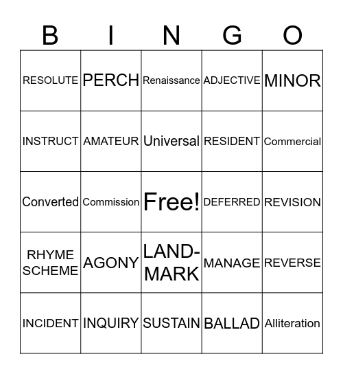 Harlem Renaissance Vocabulary Bingo Card