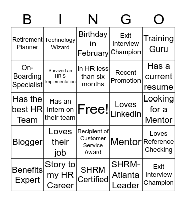 Connections that Count - February 2018 SHRM-Atlanta Bingo Card